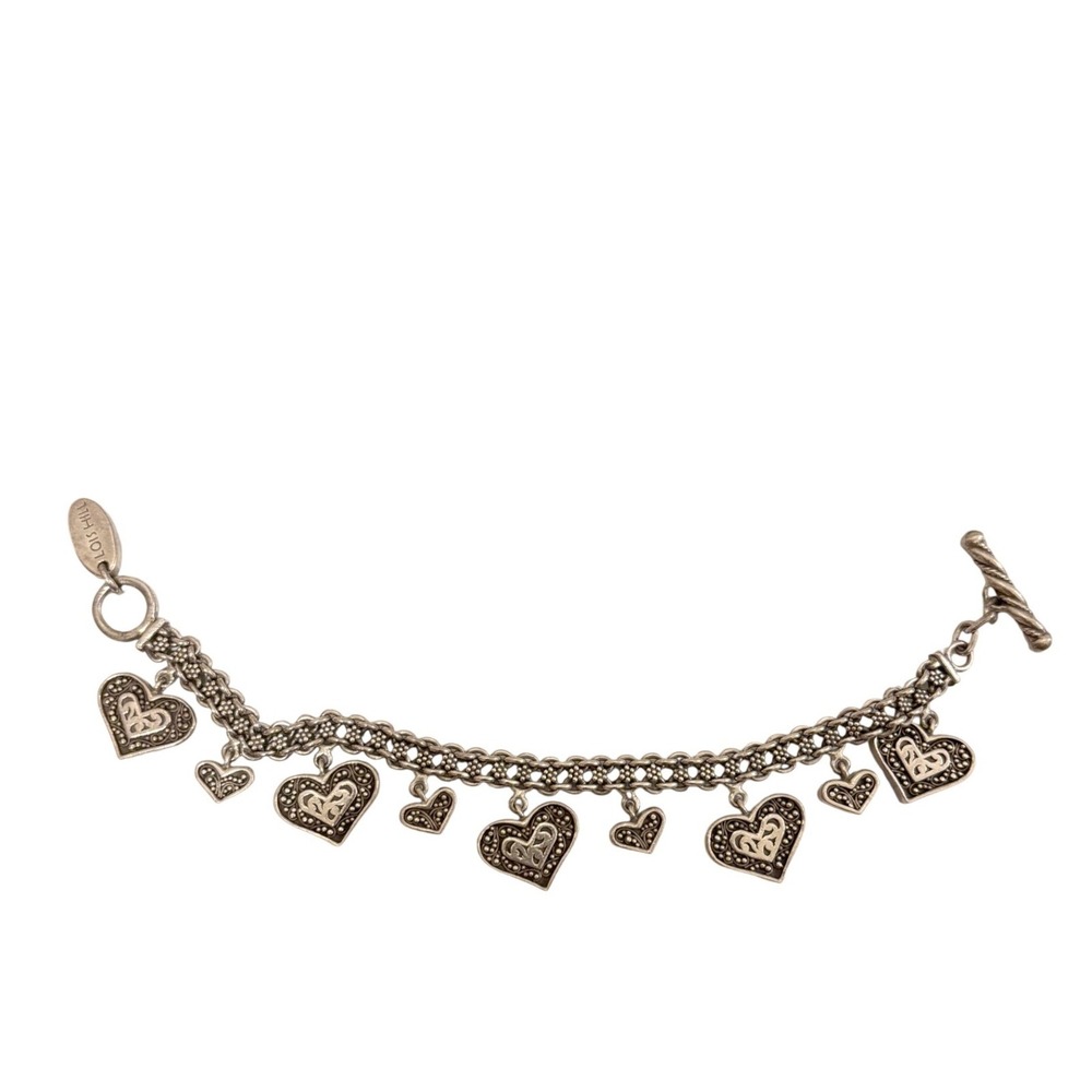 Vintage Lois Hill Sterling Silver 9 Heart Charm Bracelet Balinese Woven Chain